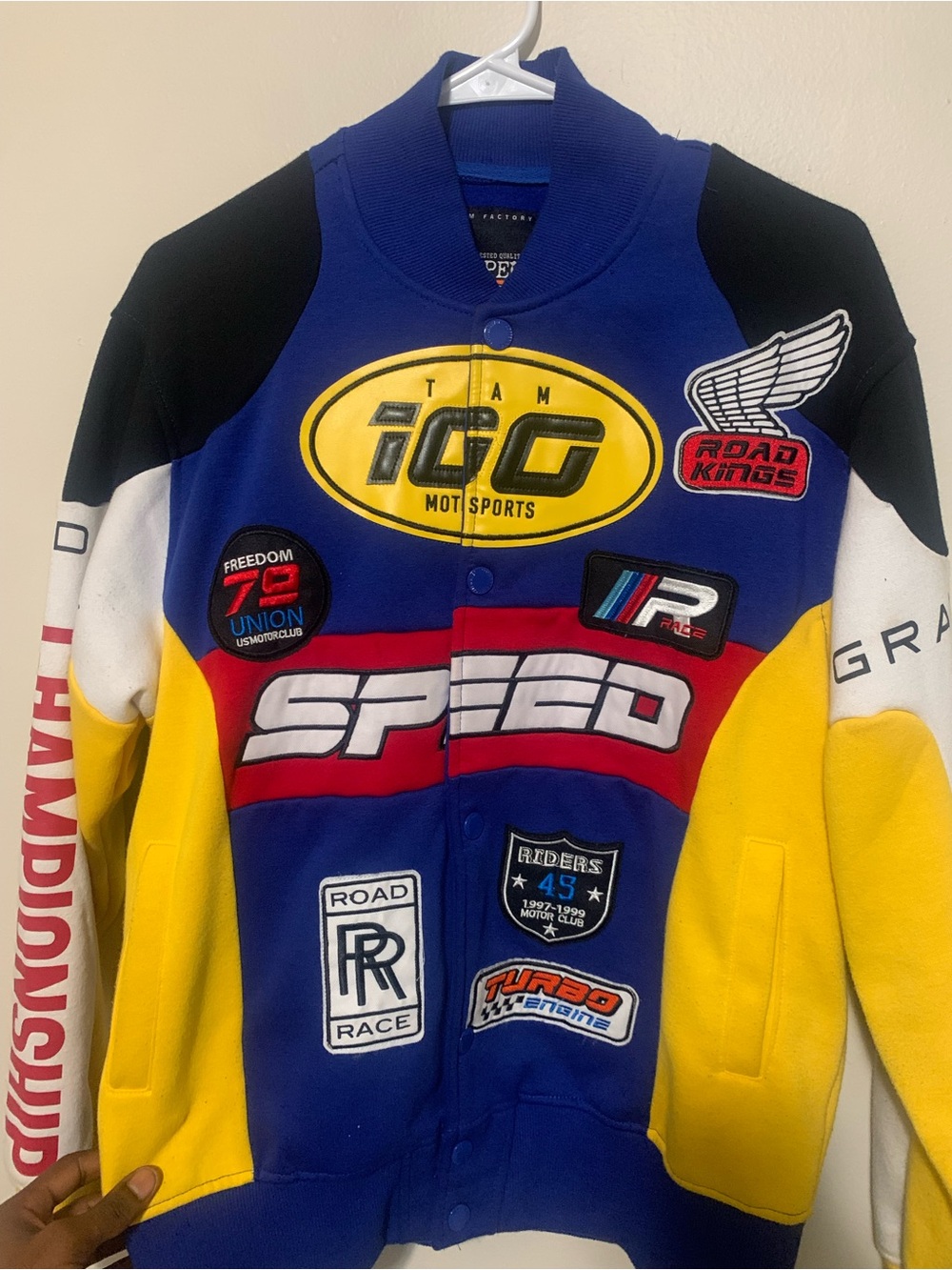 Kids Colorblock Racing Jacket with Speed Patches - Blue/Yellow/Red - Picture 3 of 6